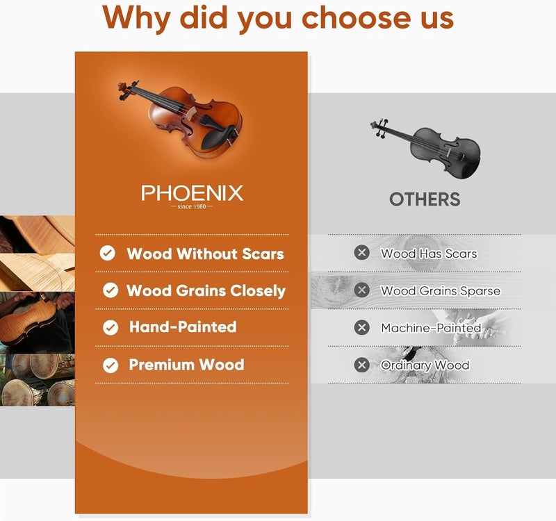 Phoenix Violin 4/4 Full Size Kit, Violin Fiddle Set for Beginner Adults with Rosewood Bow, Extra Strings & Bridge, 2 Rosins, Tuner, Case, Mute, Fingerboard Stickers, Shoulder Rest (826 Matte) - Image 5